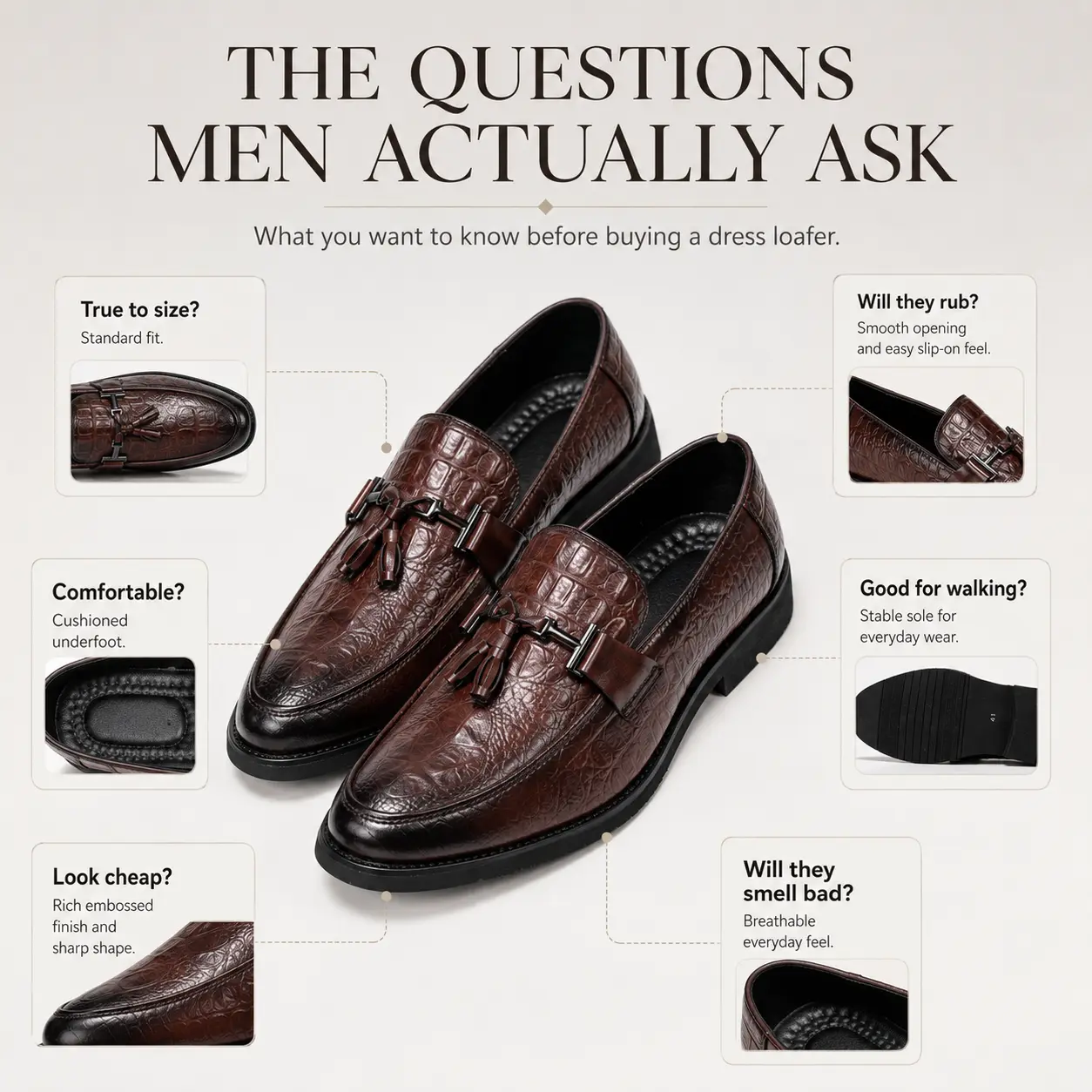 Men's Vintage Brown Croc-Embossed Tassel Leather Loafers - Flat Slip-Ons, Business Office Shoes, Comfortable Walking Footwear