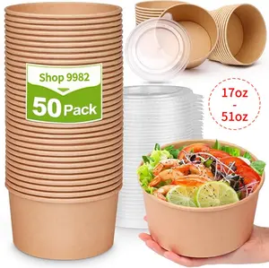 Unicup 【50 Pack】 Kraft Paper Bowls with Lid,Disposable Soup Salad Serving Bowls,  Microwave Freezer Safe