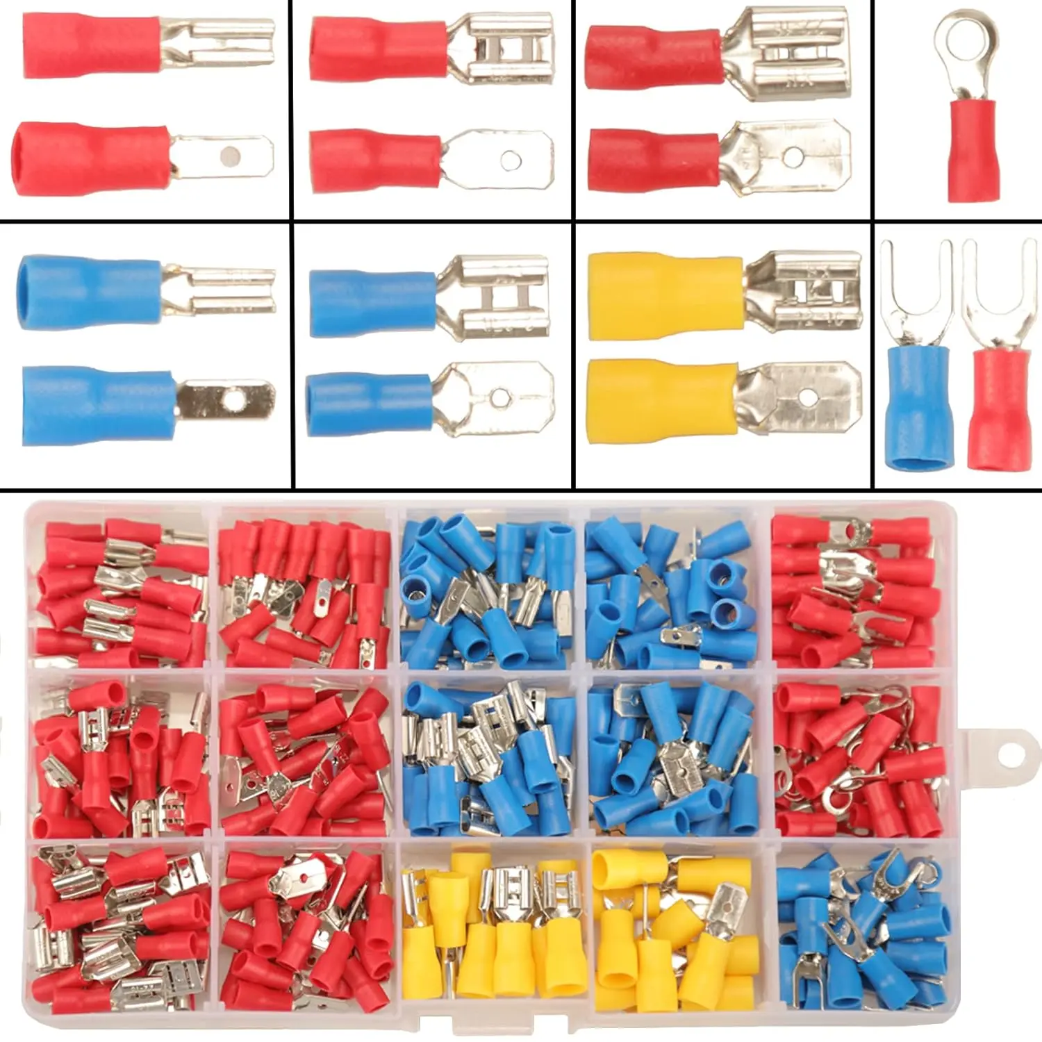 280 count Crimp Connectors, 2.8mm 4.8mm 6.3mm Male and Female Spade Connector kit, 15 Types Crimp Terminals Electrical Connectors, Electrical Terminals Includes Spade Ring Fork Wire Connectors