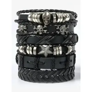 Unisex Street Trend Braided Bracelet Bundles, 6pcs/set Trendy Vintage Drawstring Matching Bracelets, Chic Goth Jewelry As Gift for Party Decor, Stackable Bracelets