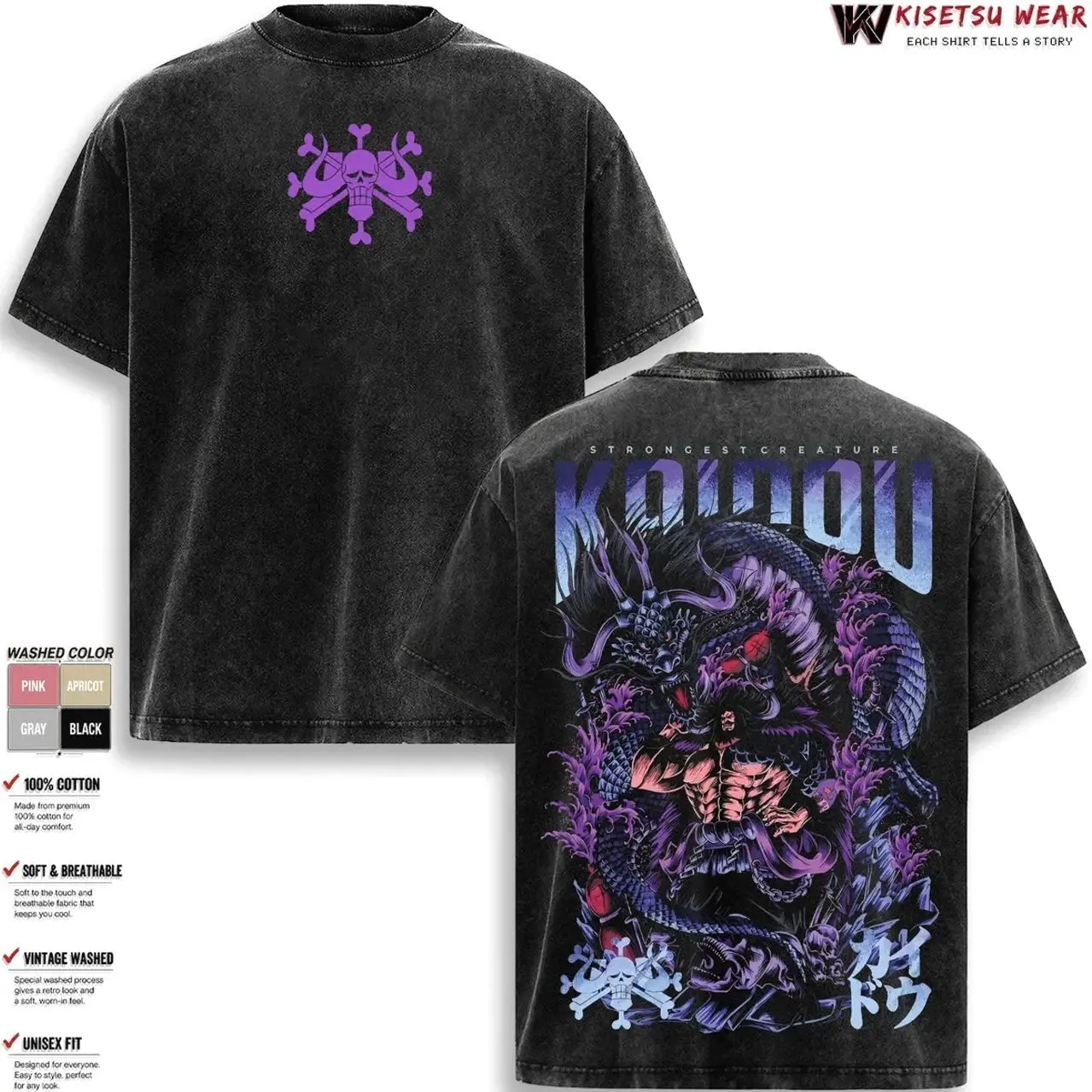 Kaido Hybrid Form T-Shirt, King of Beasts Dragon Tee, Vintage Washed Oversized Streetwear, One Piece OP Merch, King Lunarian Flame Anime Graphic Shirt, Wano Yonko Haki Design, Manga Harajuku Aesthetic, Unisex Acid Wash Top LIQ