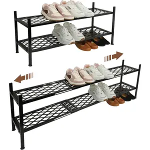 Shoe rack, expandable metal shoe rack, double-layer stackable long shoe rack, suitable for wardrobe, floor, entryway, garage, bedroom, doorway, can hold 12-18 pairs of shoes, 45.6inch, black