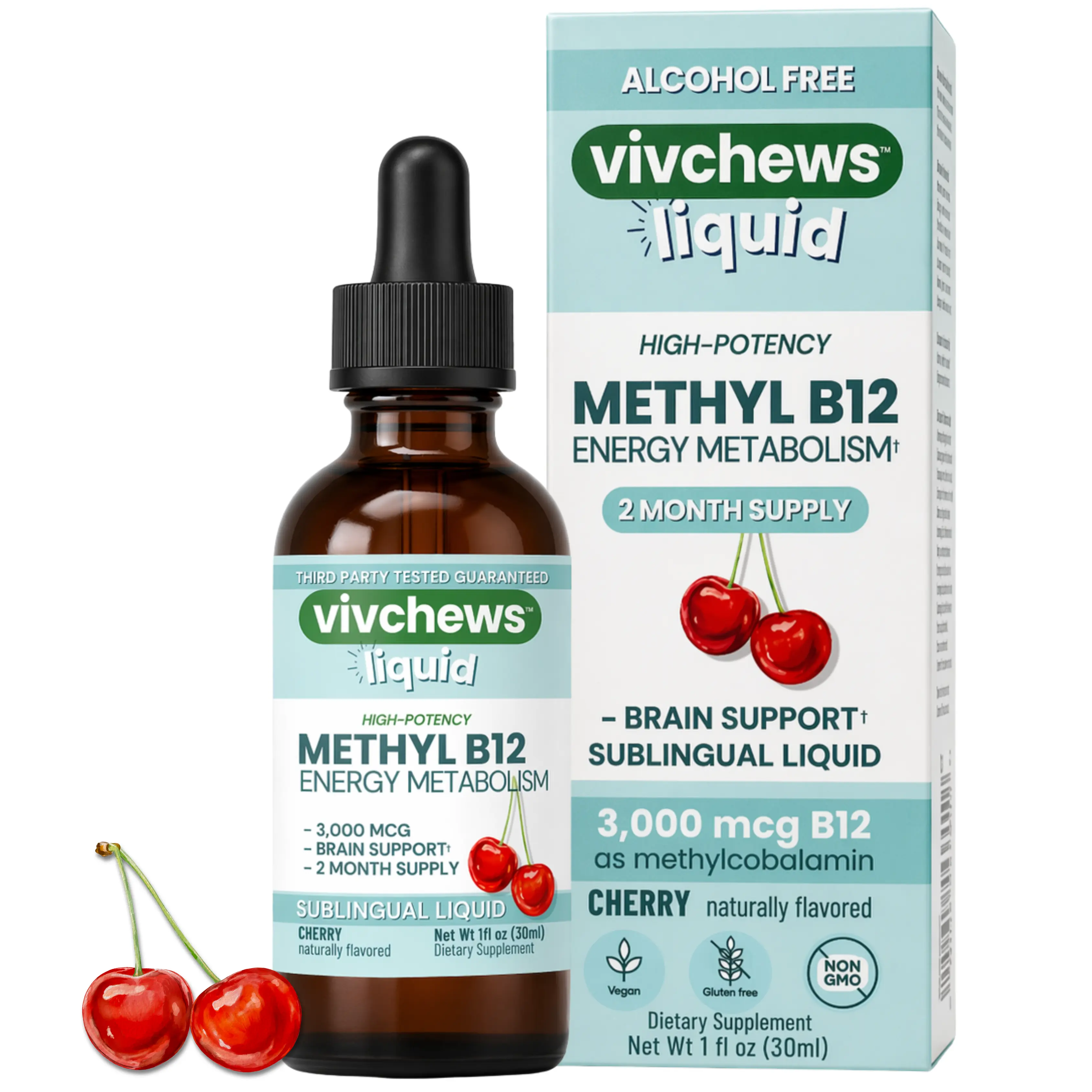 Vivchews High-Potency Vegan Methyl B12 Liquid Drops for Energy & Brain Support, Natural Flavor, Stevia-Sweetened, Non-GMO, Gluten-Free, Alcohol-Free, No Artificial Colors, Flavors, or Sweeteners, 3,000 mcg per Serving, 2-Month Supply, 1 fl oz