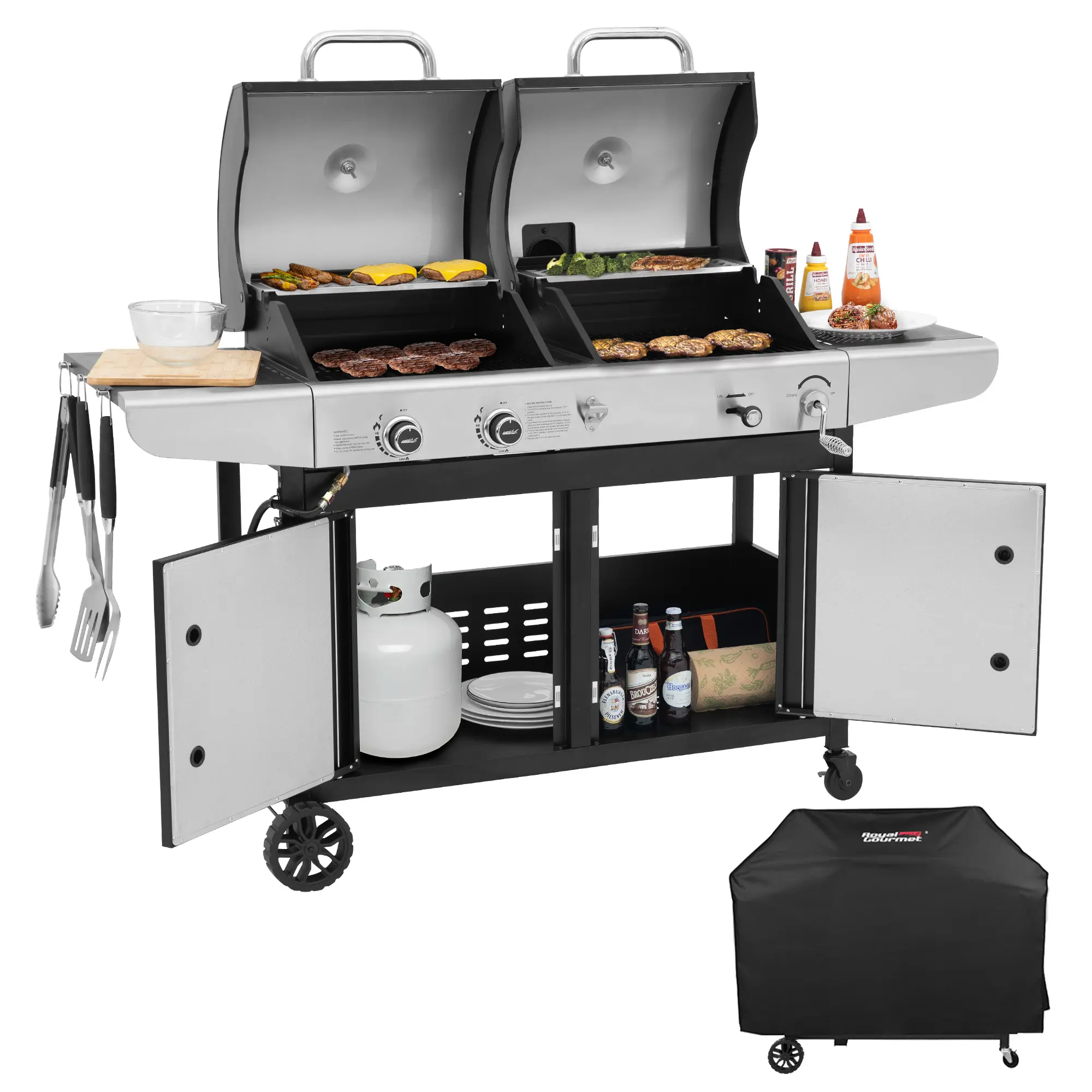 Royal Gourmet  2-Burner Gas and Charcoal Combo Grill with Cover, 20,000 BTU Cabinet Style Dual Fuel Grill, Grill with Two Side Shelves, for Outdoor Patio Garden Picnic Backyard Cooking, Black Bbq Grill Portable Bbqs Modern Home