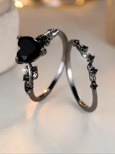 Punk Gothic Style Leaf Design Ring, with Heart Shaped Rhinestone Decor Ring, 2 Counts Vintage Ring for Women, Casual Jewelry for Party, Daily Clothing Decor, Vintage Rings Jewelry, Dark Aesthetic Rings