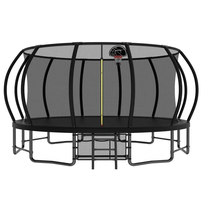 Mersco 16FT Trampoline for Kids and Adults,Outdoor Pumpkin Trampolines with Curved Poles,Heavy Duty Trampoline with Ladder and Basketball Hoop,Black, Recreational Trampoline, Safety Net, Steel Frame
