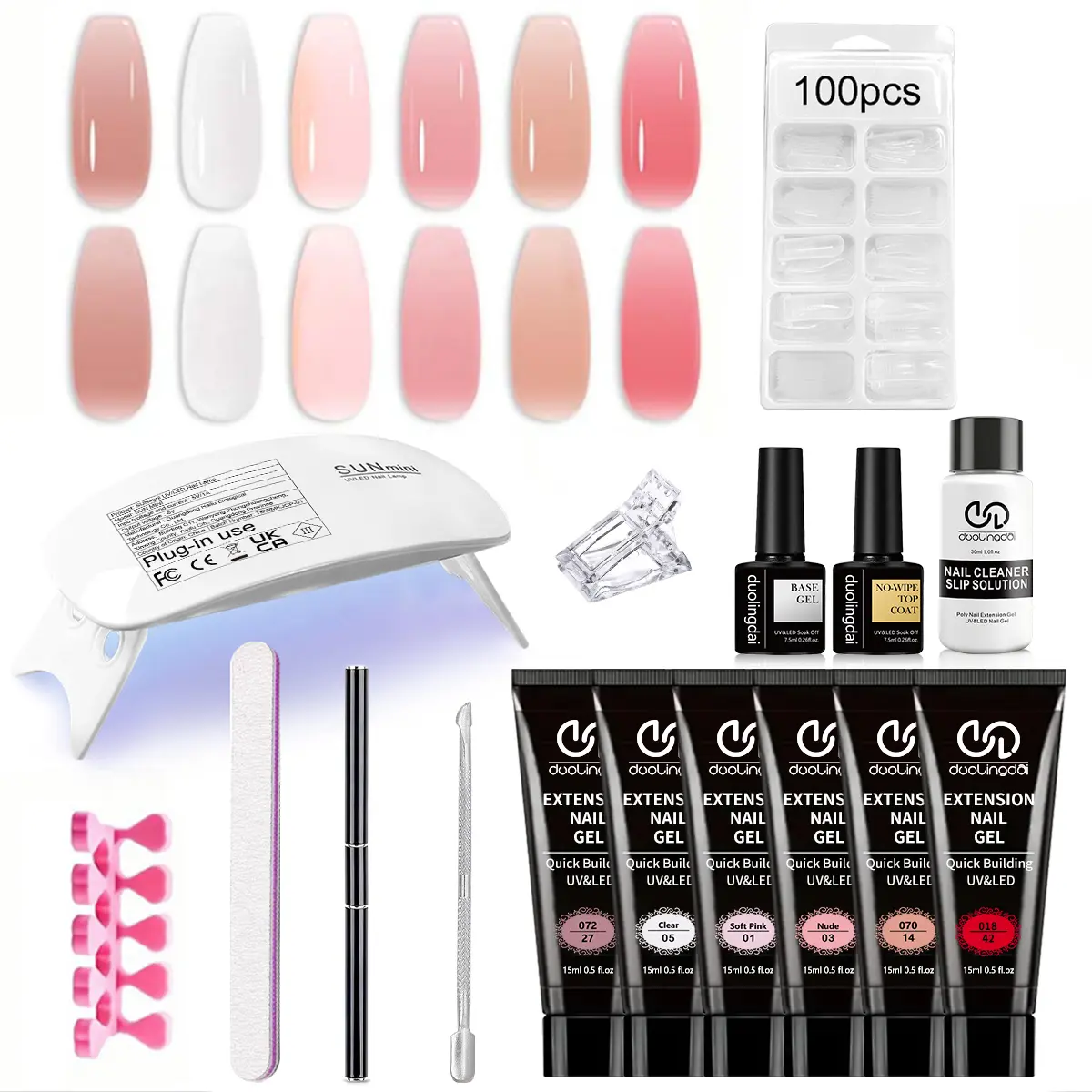 Duolingdai 6-Piece Squeeze Tube Poly Builder Gel Kit, UV Soak-Off Nail Extension Gel (Clear, Soft Pink, Nude, Warm Neutral Tones) with Mini UV Lamp, Base/Top Coats, Slip Solution & Tools for At-Home Sculpture