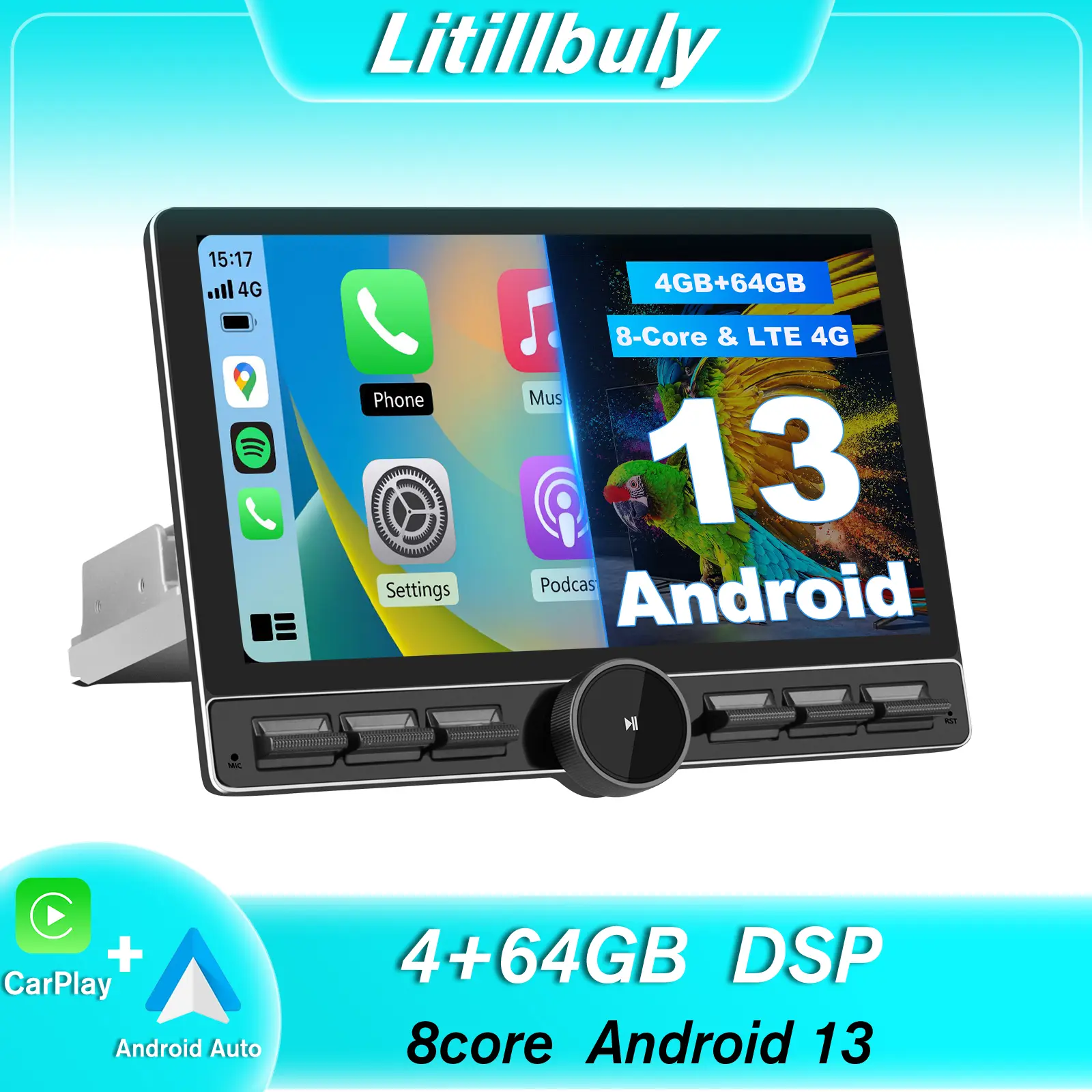 10.6" Android 13 4GB+64GB Car Radio Stereo with Rotatable Touchscreen, Single-DIN Bluetooth/4G/GPS/FM/AM, Wireless CarPlay & Android Auto