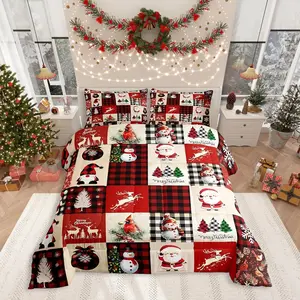Christmas Comforter Set,Red Plaid Holiday Design Bedding Set,Snowman Santa Claus New Year Patchwork Down Comforter for All Season