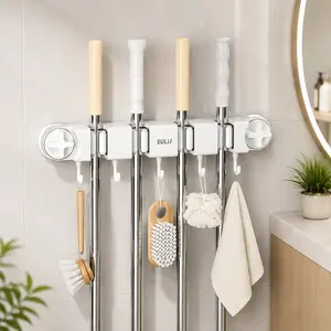 Mop Holder with Hooks, Wall Mounted Broom Holder with 4 Racks and 5 Hooks, Self-Adhesive Organizer for Kitchen, Bathroom, and Closet