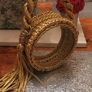 Gold Round Crochet Bag with Transparent Sides Elegant Design Rope Detail & Tassel Accents Stylish Functional Accessory