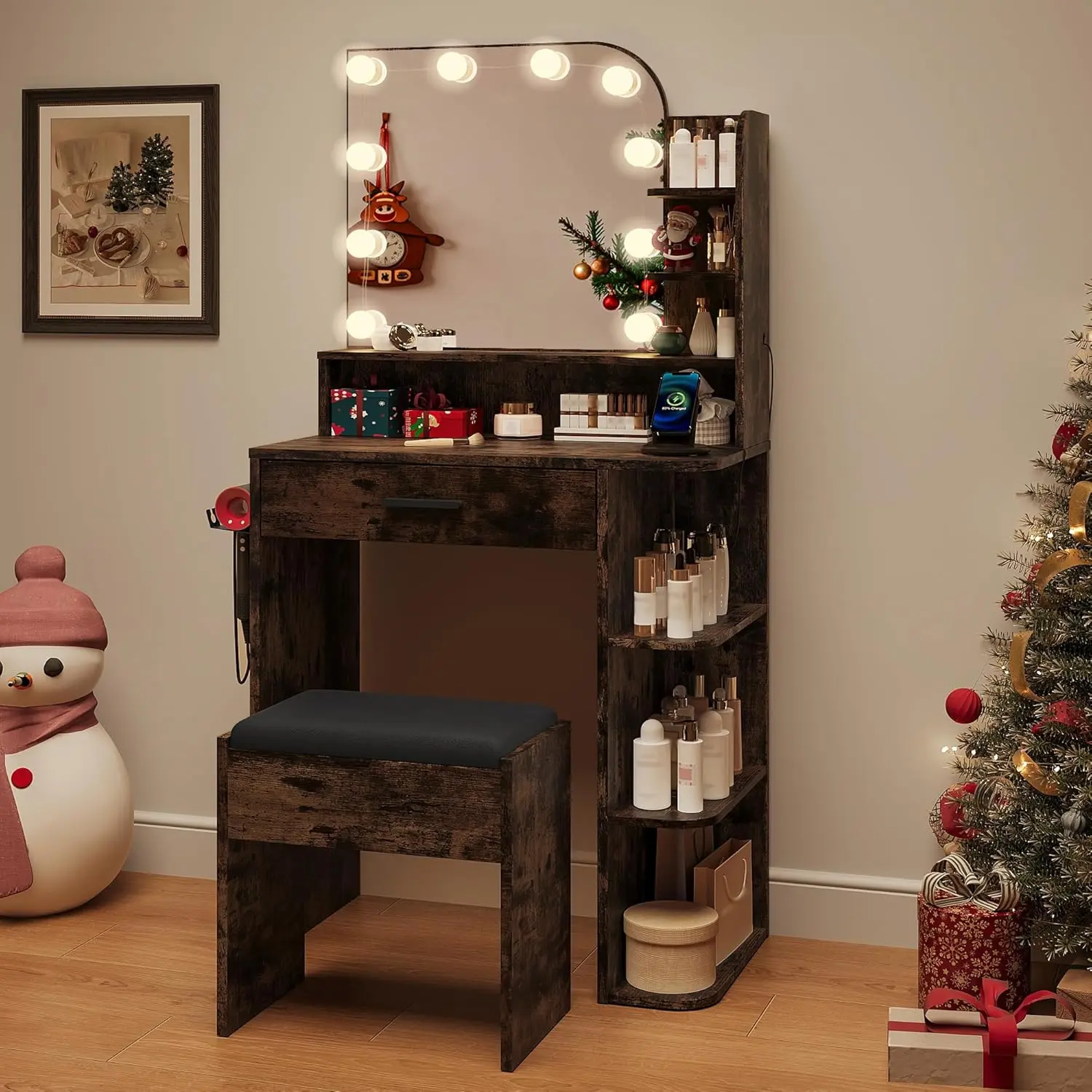 Wanan Vintage Brown Makeup Vanity Set with Chair, LED Vanity Desk with 3-Color Lights and Mirror, Compact Dresser with LED for Small Spaces, with Power Outlet vanity para mujer