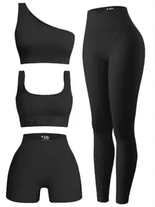 Women's Solid Tracksuit Set, Sporty One Shoulder Crop Top & High Waist Leggings & Crop Tank Top & Skinny Shorts Set, Back-to-school Clothing, Designer Sweatsuits, Gym Sets, Fall Gym Clothes, Jogging Suit Set, Tracksuit Set, Tracksuit for Women