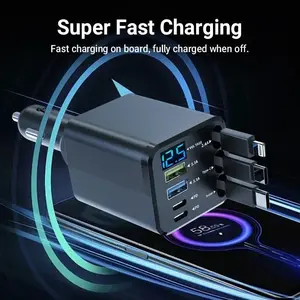 7-in-1 Retractable Car Charger with FAST-CHARGING 22.5W, 3 Built-in Cables (USB-C x2 & Lightning), 2 PD & 2 USB Ports, Smart Chip Protection, Voltage Display & Ambient Light for iPhone & Android