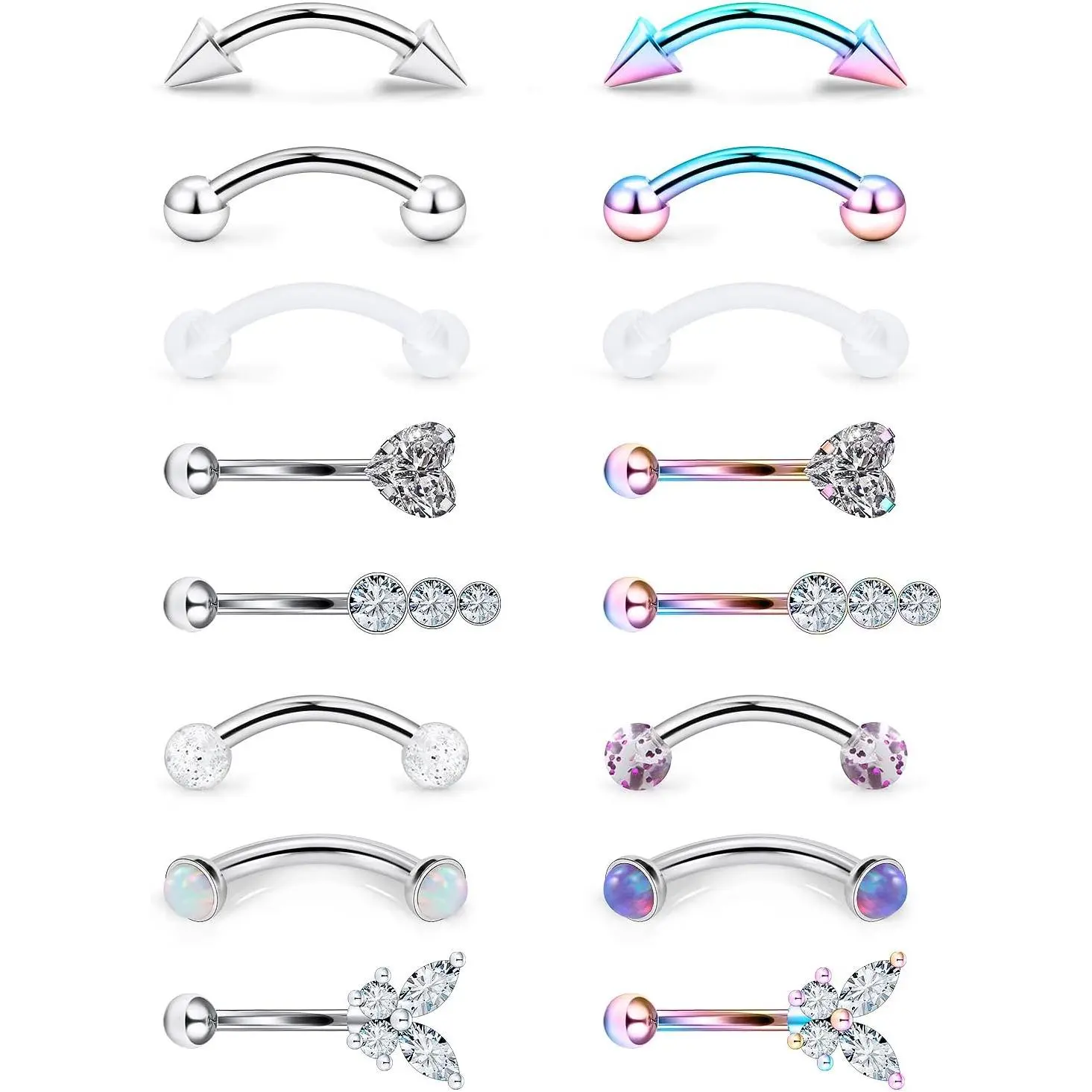 Fashion Body Jewelry Curved Barbell Set, 16pcs 16G 8mm Multi-Color Surgical Steel Piercing Rings for Eyebrow, Lip, and Rook for Women Men