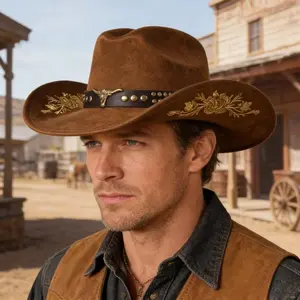 Vintage Faux Suede Cowboy Hat with Gold Bullhead Buckle, Floral Embroidery, Windproof Rope All-Season Western Rancher Hat