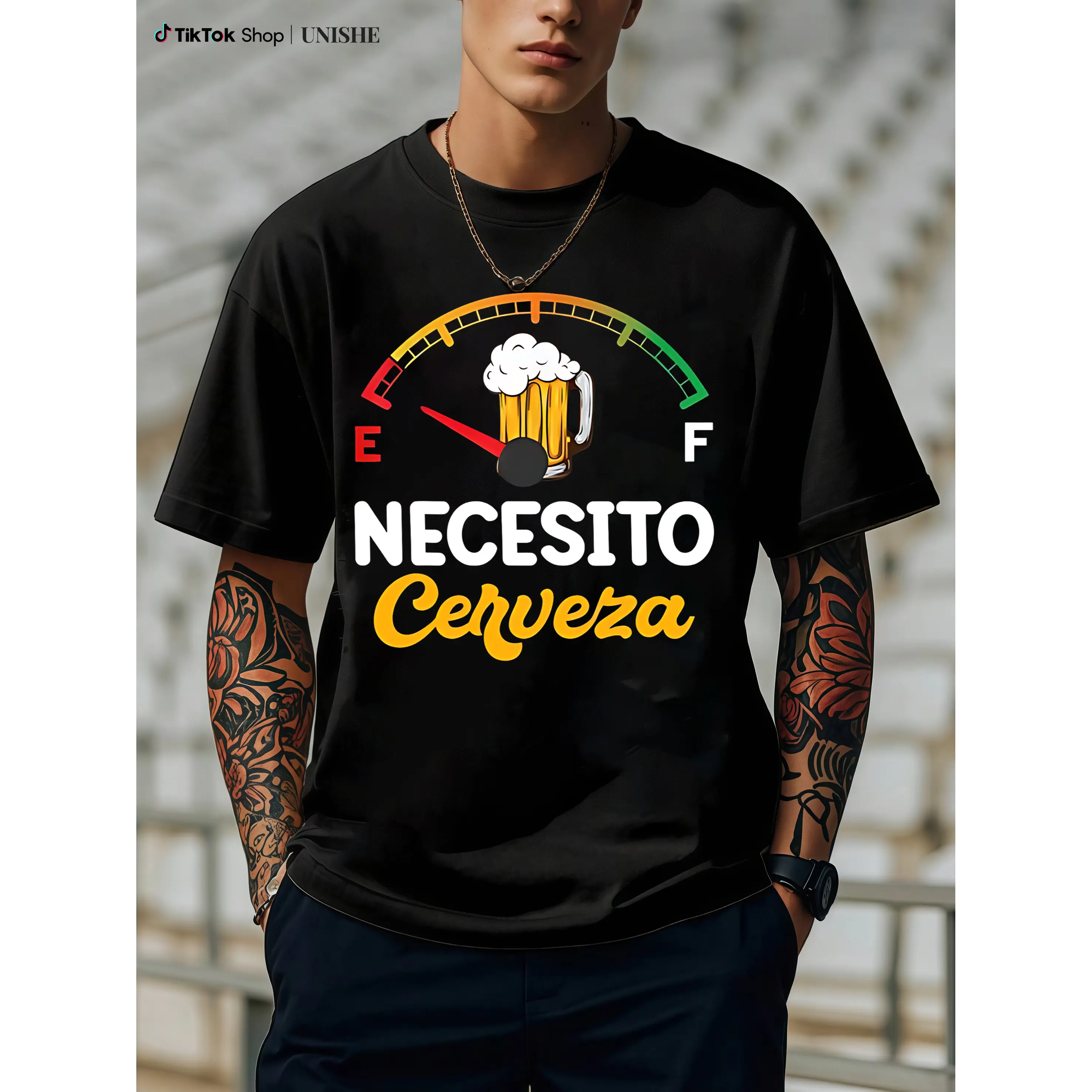 Men's 'Necesito Cerveza' Graphic T-Shirt - Unisex Pure Cotton Beer Lovers Tee, Fitted Cut, Funny Printed Text, Beer Graphic, M Size, Short Sleeve, Streetwear, Round Neck