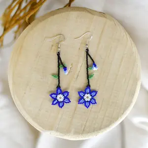Brunnera - Native Beaded Earrings with Blue Floral Design - Handmade by Mexican Artisans - Mother Sierra