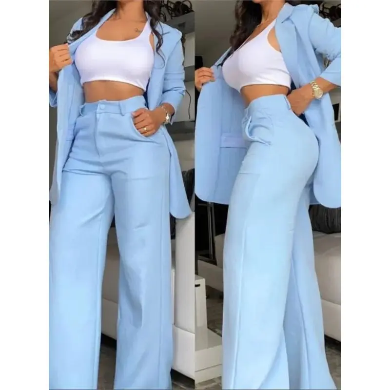 Woman Blazer Sets New Autumn Fashion Women's Notched Collar Coat + Pocket Design Pants Set Work Commuting Two Piece Suit
