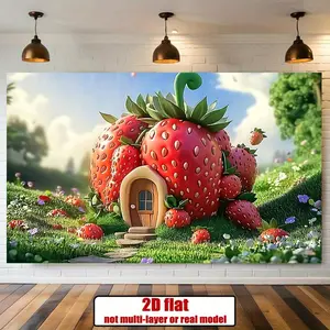 2D Flat Printed Strawberry Cottage Banner, 1pc Polyester Summervibes Decor, Birthday Backdrop, Party Photo Prop, Home Wall Ornament