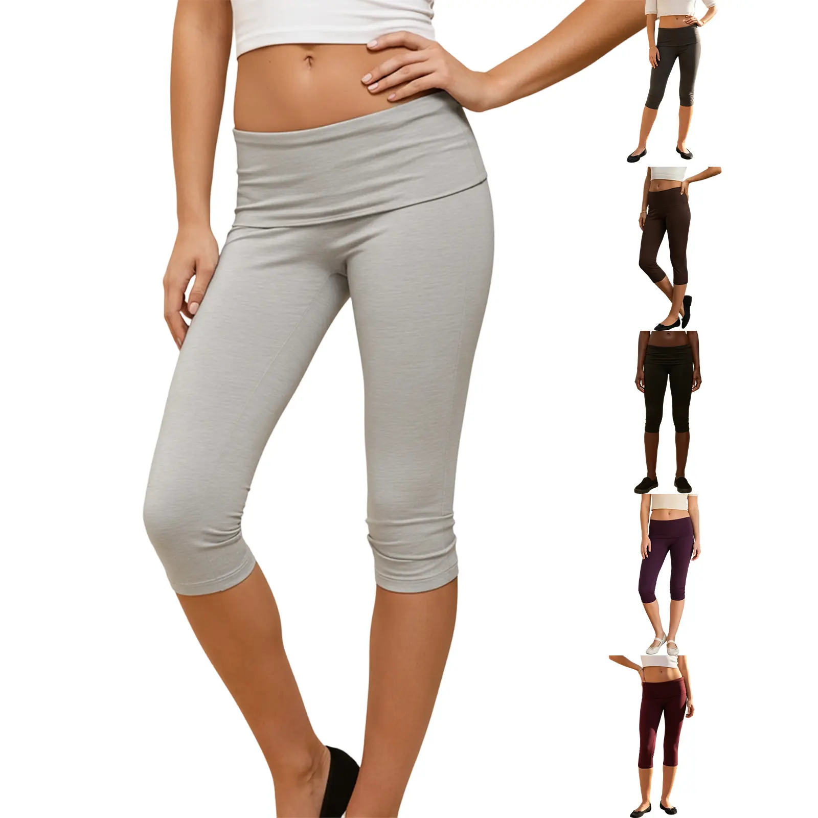 Women's Solid Low-Rise Capri Pants - Foldover Waistband, 4-Way Stretch Lightweight Elastane Fabric, Cropped Basic Bottoms (Foldover, Low Rise, Stretchy, Lightweight Stretch Styles), Foldover Pants, Low Rise Pants