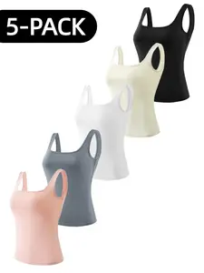 5 Pack Women's Workout Tank Tops High Stretch Yoga Shirts Moisture Wicking Gym Athletic Camisoles Wide Strap Seamless Base Layer for Pilates Fitness & Running Quick Dry Activewear, Weighted Vests Women