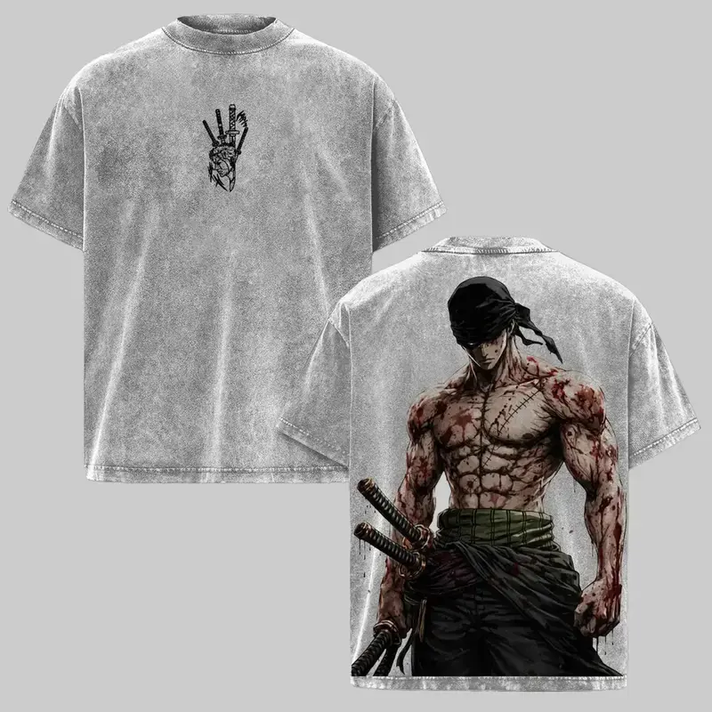 Zoro Anime Washed Tee – One Piece Vintage Manga T-Shirt, Cool Japanese Anime Graphic Shirt, Oversized Streetwear Trendy Otaku Gift, Aesthetic Shonen Anime Tee Crewneck Tshirt