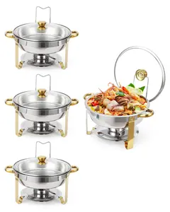 Gaomon 4-Pack 5QT Stainless Steel Round Chafing Dishes Buffet Set, Gold Food Warmer with Lid Holder, Visible Glass Lid, Food & Water Pans for Party Catering, Desserts