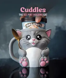 Cat Ice Cream Pint Holder: 3D Printed Cozy with Spoon Holders & Snack Drawe