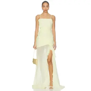Runaway The Label Eziya Ruched Frill Trim Maxi Dress in Lemon