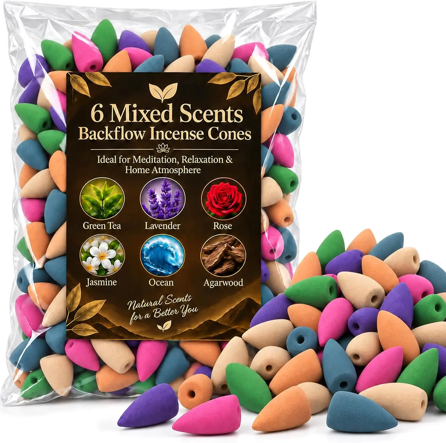 Scented Home Fragrance Backflow Incense Cone Sets - 108 PCS Waterfall Incense Cones for Home Care