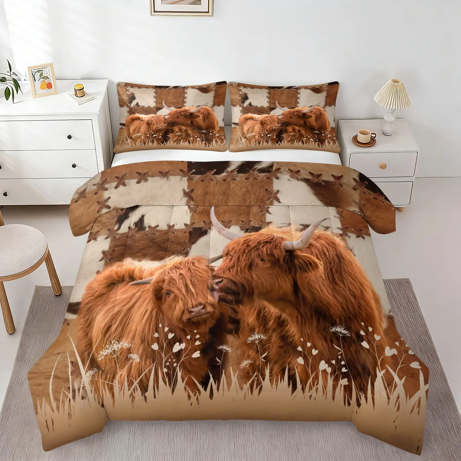 2/3Pcs Highland Cow Brown Comforter Set, Western Rustic Vintage Cowhide Print Quilt Bedding Set with Pillowcases, Soft Cozy for Kids and Adults Bedroom, Dorm, Farmhouse, All Season Soft Bedding for Cow Lovers