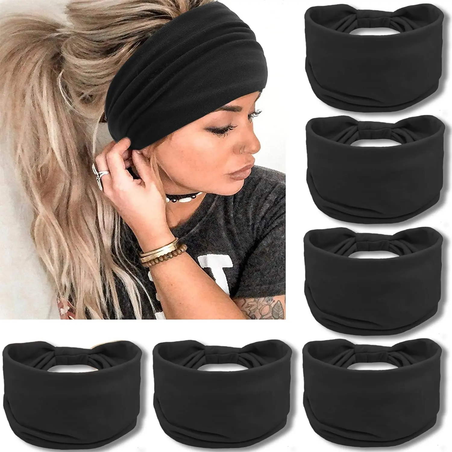 Wide Headbands for Women, Black Knotted  Wraps Turbans, Large  Style  Bands Hair Accessories, 6 Pack