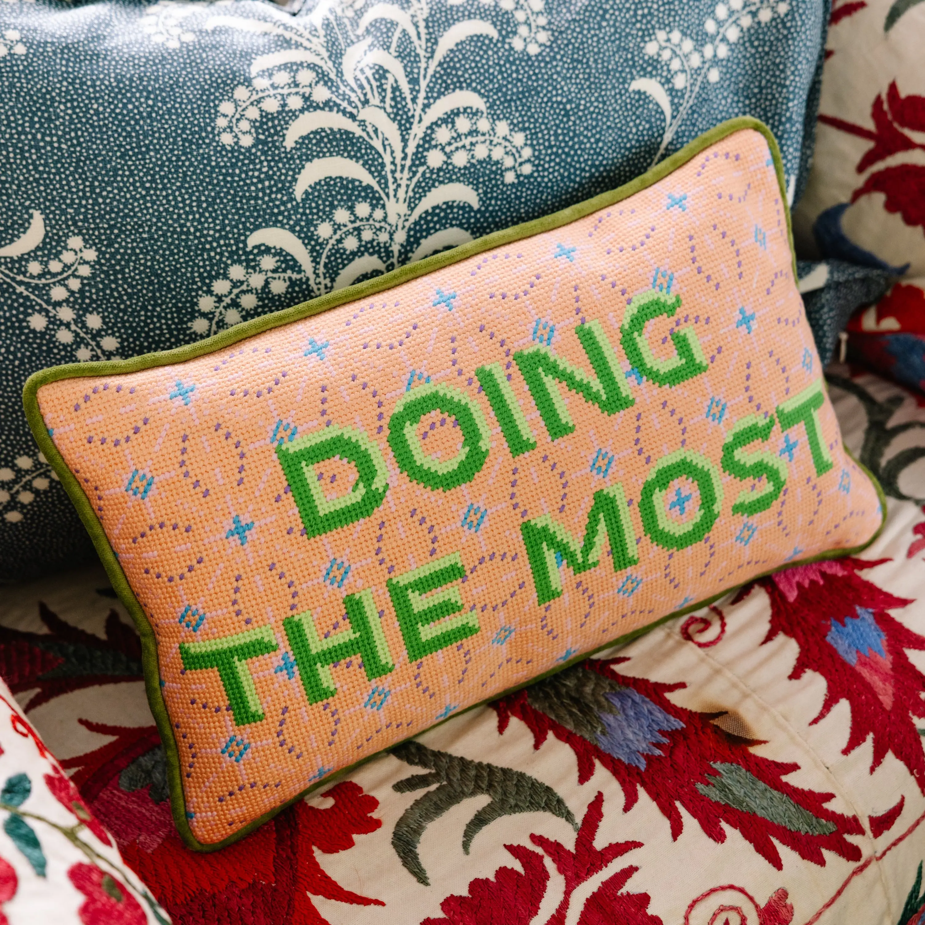 Embroidered Velvet Needlepoint Pillow - Small Size, Playful Prints, Whimsical Southern Craft Room Decor for Overachievers