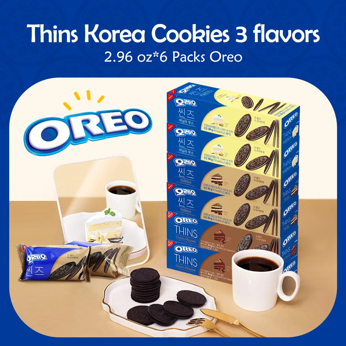 Oreo Korea 2.96 oz* 6packs Oreo Thins Korea Cookies   - Thins Chocolate Mousse / Tiramisu /Vanilla Mousse Sandwich 3 flavors