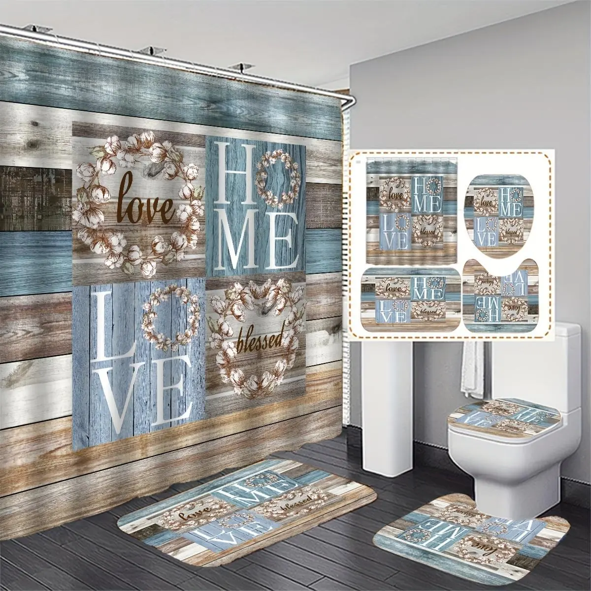 Floral & Love Home Pattern Bathroom Set, 4 Counts/set Including Shower Curtain (with 12 Curtain Hooks), Toilet Lid Cover, Rectangular Mat, U-shaped Mat