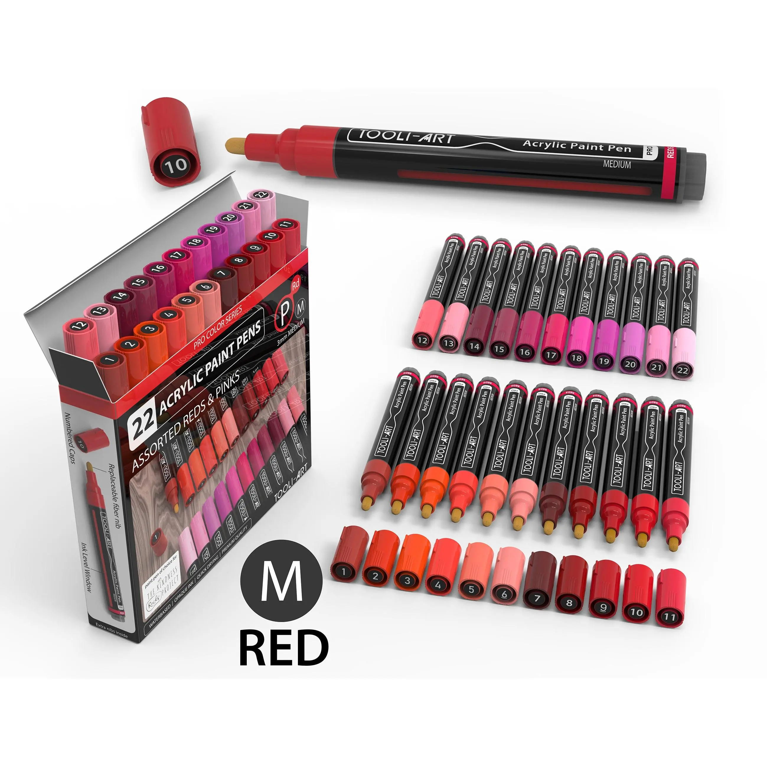 22 Acrylic Paint Pens (REDS AND PINKS) Pro Color Series Set (3mm MEDIUM) Artist Bundle Art Supplies