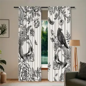 2pc Gothic Print Curtains/Blinds, Skull and Floral Bird Sketch Style, Rod Design, Window Decorations Supplies, A perfect gift for friends, suitable for dormitories, bedrooms, living rooms, kitchens, and home décor