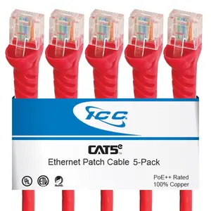 CAT5e Ethernet Patch Cord 25 FT 5-Pack, UTP 24 AWG UL Listed, PoE++,  Stranded Copper Snagless Patch  for Patch Panel to Network  for Data Center, Office, and , 25  Red