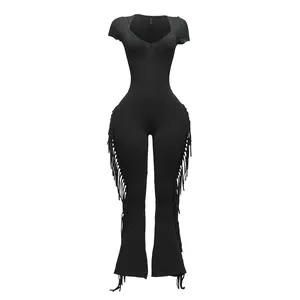 BOGOMORE Mineral Washed Fringed Jumpsuit - Black Women's Womenswear Basic Overalls for Statement Style and Comfort Fashion Fit Comfortable Piece Minimalist Sexy Shortsleeve