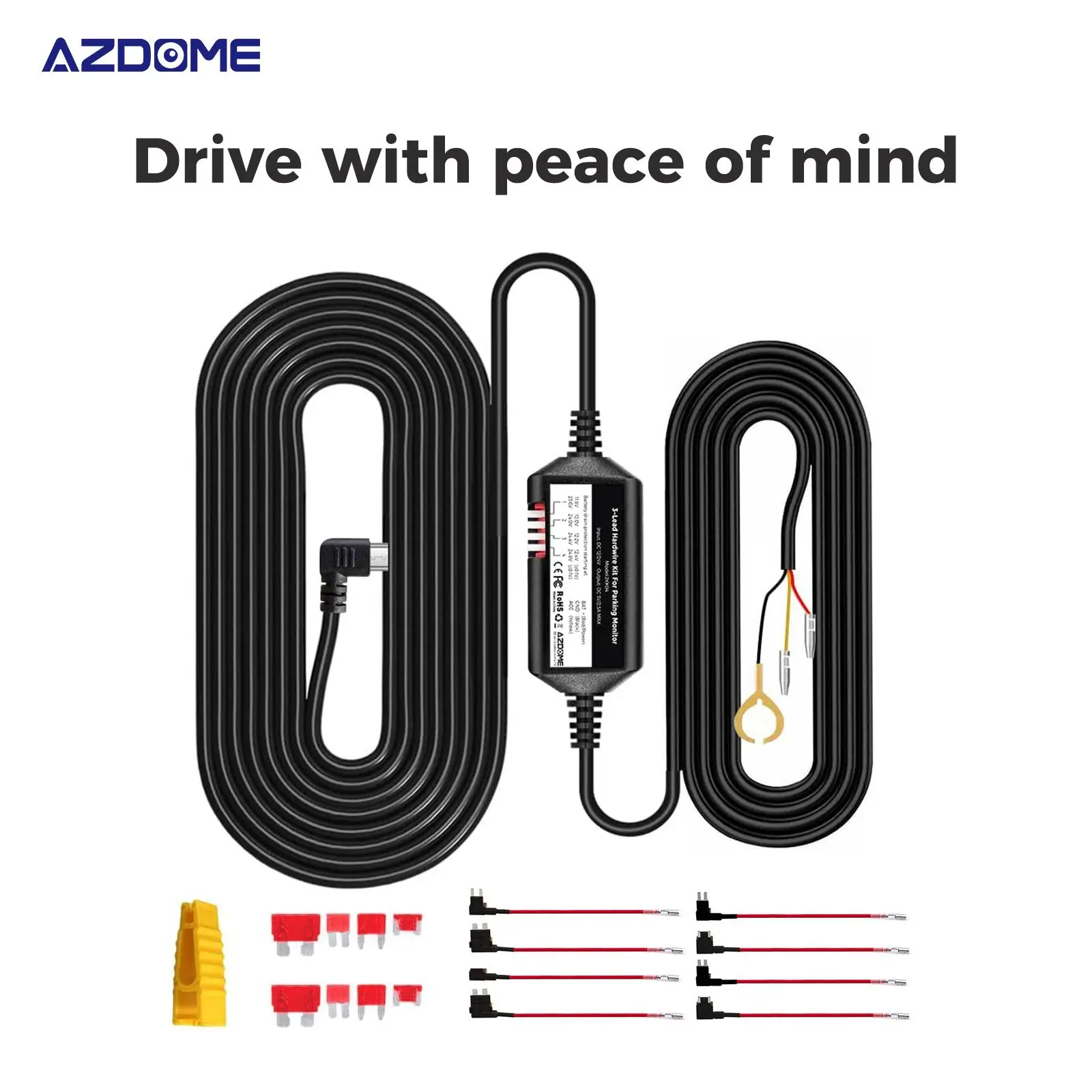 AZDOME 3-Lead ACC Hardwire Kit with Type-C Output Port, 12ft Cable for M550 M01Pro PG17 GS63HPro Dashcam for Cars, Car Camera Fuse Kit with 24H Parking Mode, 12V-24V to 5V/2.5A Max Conversion, Low Voltage Protection, Power Control, 24 Hours Recording