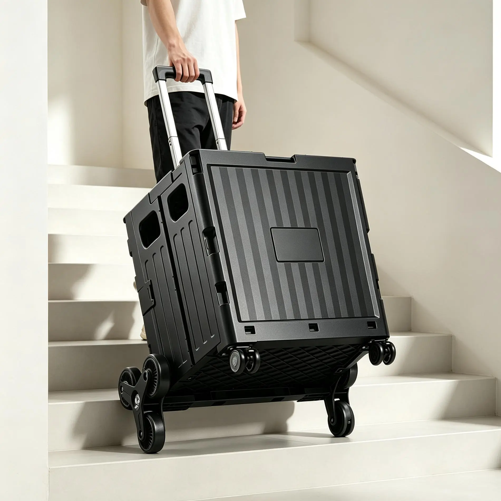 Collapsible Utility Rolling Cart - 8-Wheel Step Climber, Heavy-Duty, 40L Wheeled Bin, High Load-Bearing, Secure Attached Lid, Storage Trolley for Shopping, Camping, Classroom Decor