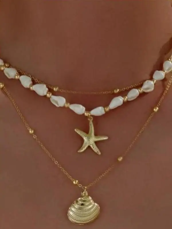 Seashell Starfish Necklace for Women, Summer Conch Shell & Pearl, Beach Style 14k Gold Layered Dainty Choker, Statement Jewelry high quality hypoallergenic