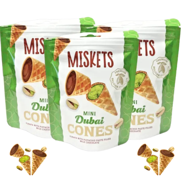 Miskets Mini Dubai Cones - Kunafa with Pistachio Paste Filled and Milk Chocolate - Premium Belgian Chocolate - 3 Packs