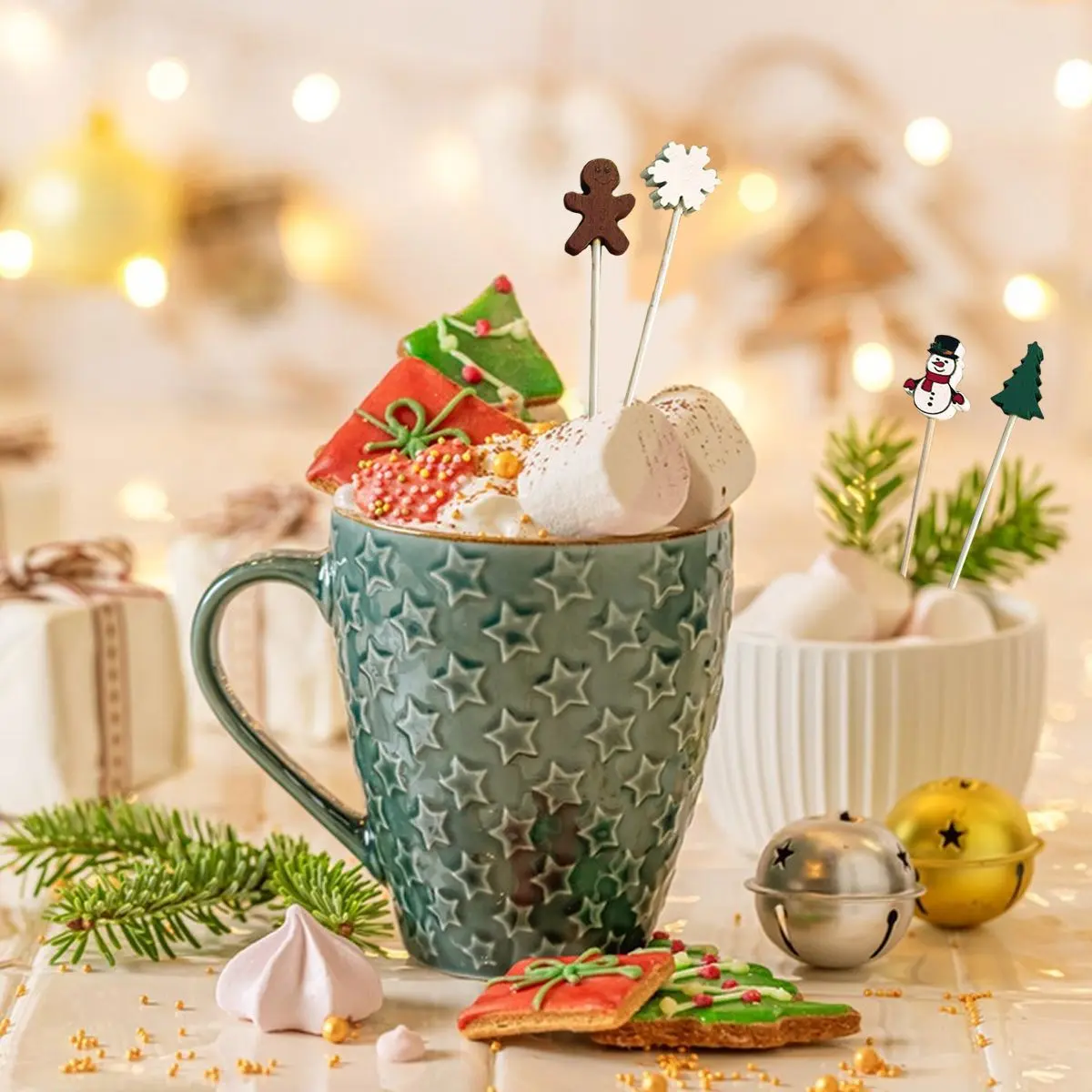 Christmas Cocktail Pick Xmas Tree Snowflake Snowman Santa Claus Reindeer Pattern Sticks Cupcake Fruit Food Appetizer Skewers 4.9 In Bamboo Toothpicks For Christmas Holiday Party Favor Supplies