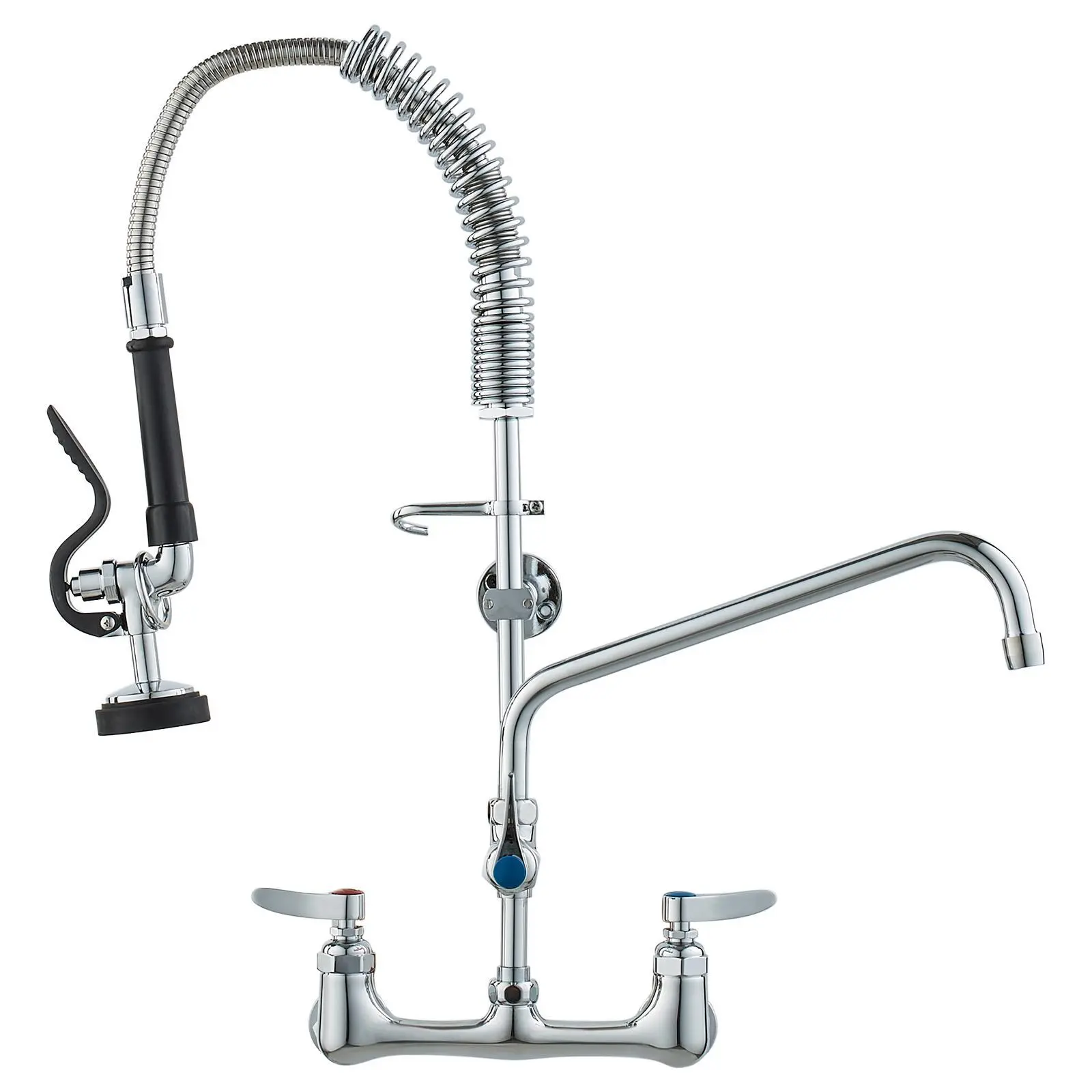 VEVOR Wall-Mounted Brass Kitchen Faucet with Sprayer, 25" Tall, 7.75–8.25" Fit Adjustable Centers, 12" Swivel Reach Rotatable Spout, High Pressure, Hot+Cold Adjustable Handles Kitchen Taps, Easy Installation for 3-Compartment Sinks