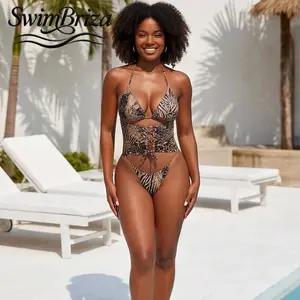 Briza｜Lace Up Halter Design With Cut Out Detail, Brown Leopard Zebra Print One Piece Bathing Suit For Women, Sculpting Vacation Swimwear Featuring Padded Triangle Cups, Ideal For Resort Getaways And Glowing Summer Confidence By The Water