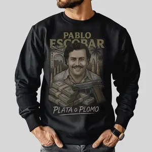 Men's Soft Narcos-Inspired Pablo Escobar Plata O Plomo Longsleeve Hoodie, Cotton Digital Print Top, El Patron Medellin Cartel Latin Vintage Gangster Casual Streetwear Sweatshirt, Soft Men's Sweatshirts