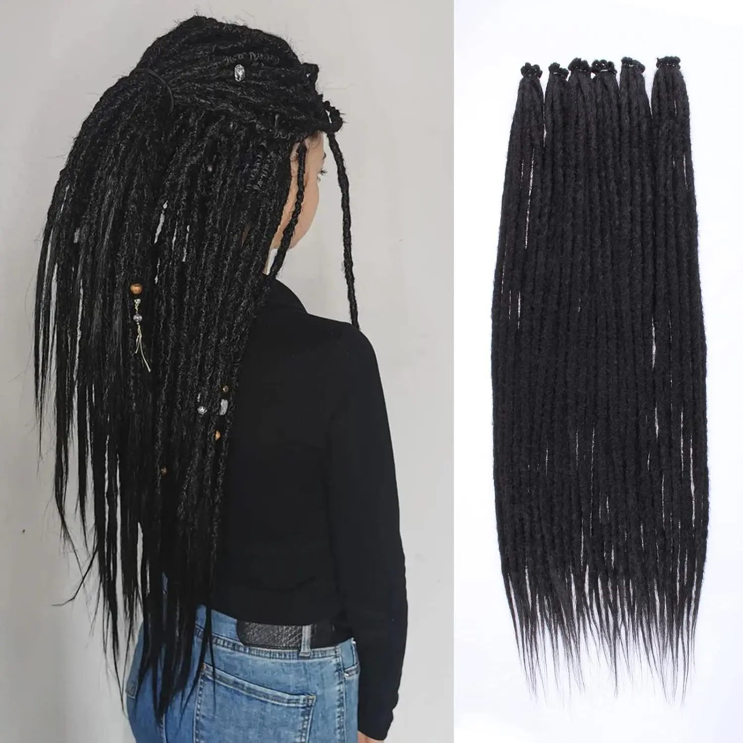 Thin 24 Inch Dreadlock Extensions 0.6 cm Width 40 Strands Natural Black Soft Hippie SE Dreads Synthetic Loc Extensions Handmade Reggae Style Crochet Braiding Hair for Women and Men