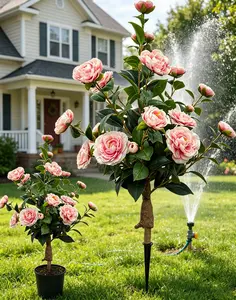 Artificial Rose Flower Trees, Realistic Camellia with Ground Stakes, Fake Rose Bush Faux Trees Indoor for Home Decor Front Porch Living Room Outdoor Garden Yard (Pink)